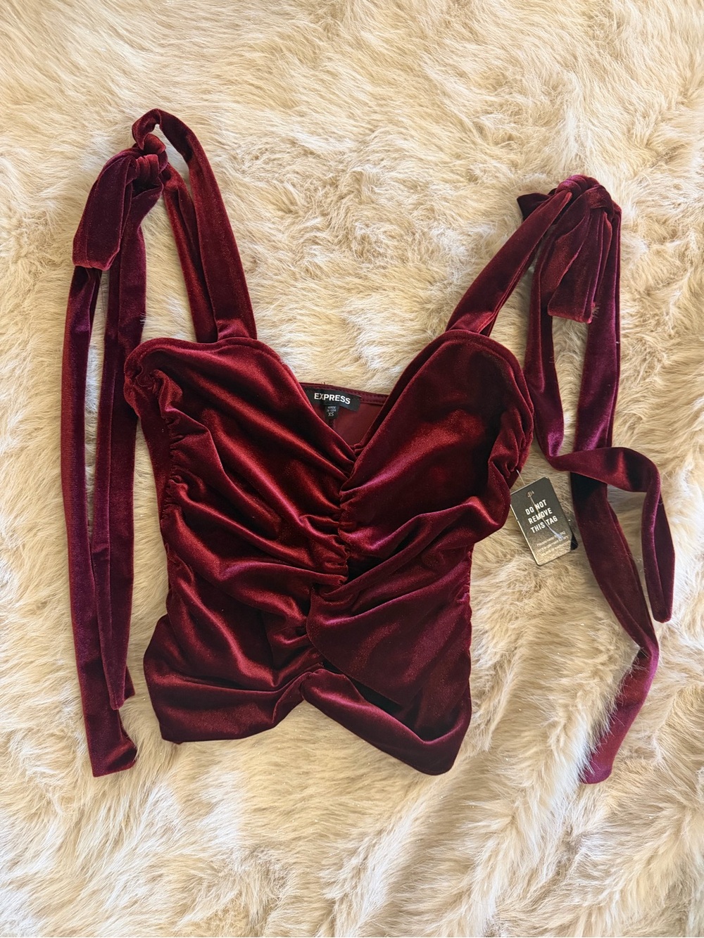 Express Velvet Ruched Tie-Shoulder Crop Top in Burgundy